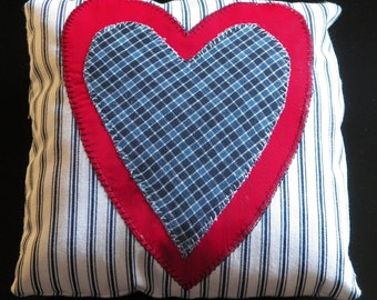 Ticking Pillow With Heart Applique