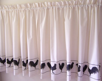 Cafe Curtains with Hand Stenciled Rooster Border