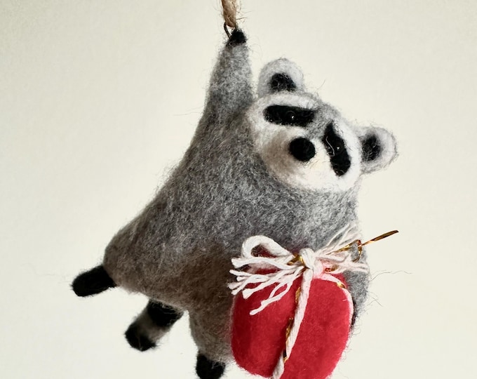 Needle Felted Wool Raccoon with Christmas Gift Miniature Ornament: Handmade Woodland Animal Holiday Decor