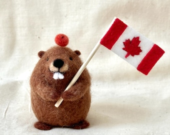 Figura de castor de lana fieltrada con aguja y bandera de hoja de arce: decoración artesanal para la Copa Mundial de Animales, regalo para el Día de Canadá, recuerdo canadiense.