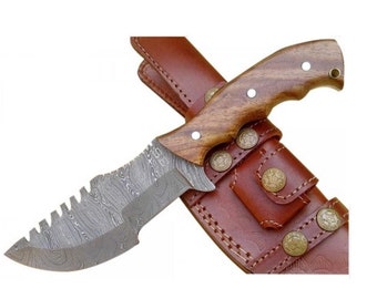 10” Handmade Damascus Steel Tracker Knife – Wood Handle, Leather Sheath