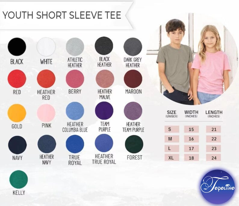 K&ouml;nnte beinhalten: Produktbild mit einer Vielzahl von Farben f&uuml;r kurz&auml;rmelige T-Shirts f&uuml;r Jugendliche, darunter Schwarz, Wei&szlig;, Rot und Marineblau. Das Bild zeigt auch Gr&ouml;&szlig;en-, Breiten- (Zoll) und L&auml;ngenma&szlig;e (Zoll) f&uuml;r jede Gr&ouml;&szlig;e von S bis XL.
