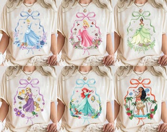 Coquette Bows Disney All Princesses Characters Comfort Colors Shirt, Tiana Ariel Elsa Rapunzel Belle Jasmine Shirt, Disney Princess Tee
