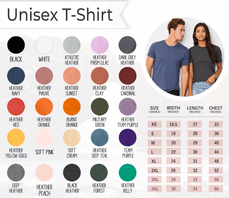 May include: A product image showcasing a variety of unisex t-shirt colors, including black, white, and heather gray. The image also displays a size chart with measurements in inches for width, length, and chest.
