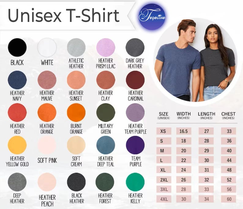 May include: Unisex T-shirt color chart with various color options, including black, white, and heather shades. The chart also displays size, width, length, and chest measurements in inches for each size, from XS to 4XL.