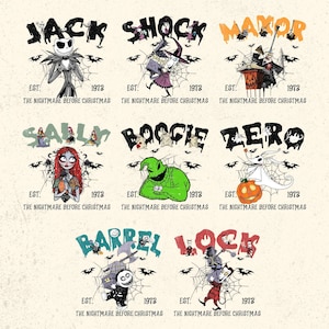 May include: A collection of graphic designs featuring characters from "The Nightmare Before Christmas." Each design includes a character's name in bold letters, the year 1973, and the phrase "The Nightmare Before Christmas."