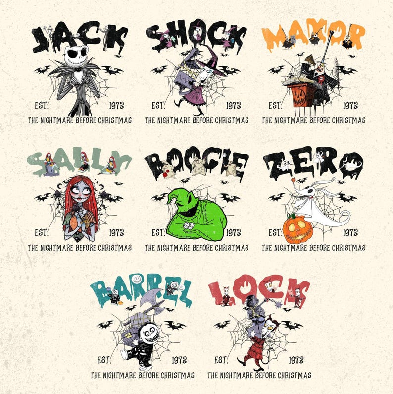 May include: A collection of graphic designs featuring characters from "The Nightmare Before Christmas." Each design includes a character's name in bold letters, the year 1973, and the phrase "The Nightmare Before Christmas."