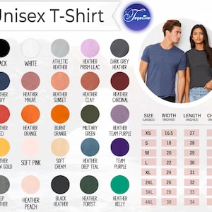 K&ouml;nnte beinhalten: Produktbild mit einer Auswahl an Unisex-T-Shirt-Farben, darunter Schwarz, Wei&szlig; und verschiedene Heather-T&ouml;ne. Die Abbildung zeigt auch eine Gr&ouml;&szlig;entabelle mit Ma&szlig;en in Zoll, und die &Auml;quivalente in cm f&uuml;r Breite, L&auml;nge und Brustumfang.