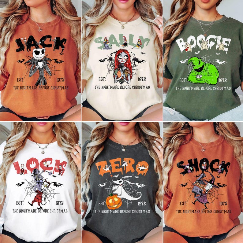 May include: Six t-shirts featuring characters from "The Nightmare Before Christmas." Each shirt has a different character graphic and the text "EST. 1973." Colors include orange, cream, green, white, charcoal, and rust.