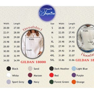 K&ouml;nnte beinhalten: Gr&ouml;&szlig;entabellen f&uuml;r Gildan 18000 Sweatshirts und Gildan 18500 Hoodies. Gr&ouml;&szlig;en S-5XL, mit Breiten- und L&auml;ngenma&szlig;en in Zoll. Farboptionen: Schwarz, Wei&szlig;, Sportgrau, Sand, Bordeauxrot und Marineblau. Ma&szlig;e in cm.