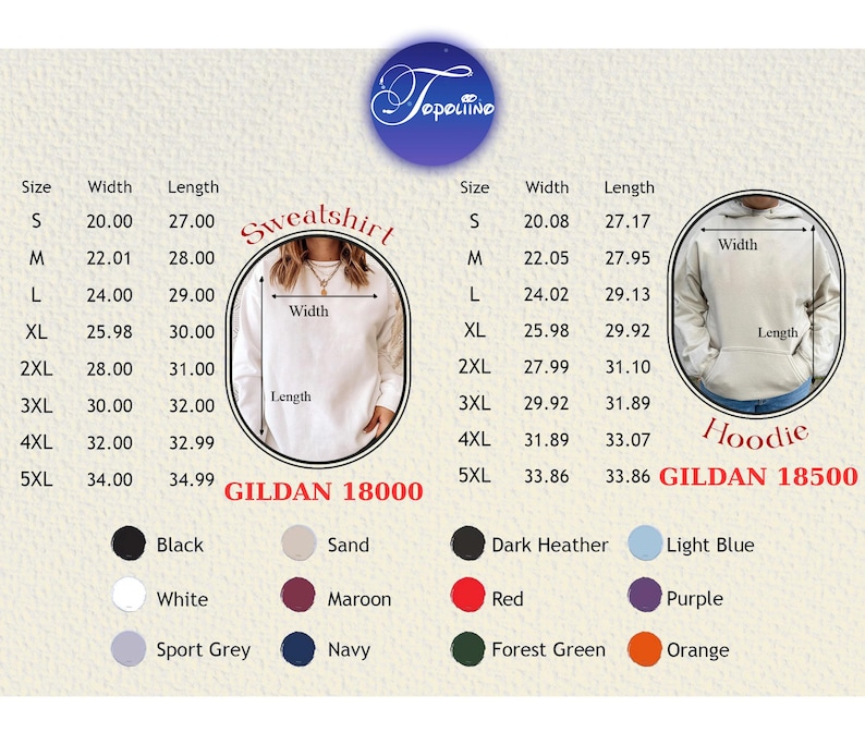 K&ouml;nnte beinhalten: Gr&ouml;&szlig;entabellen f&uuml;r Gildan 18000 Sweatshirts und Gildan 18500 Hoodies. Gr&ouml;&szlig;en S-5XL, mit Breiten- und L&auml;ngenma&szlig;en in Zoll. Farboptionen: Schwarz, Wei&szlig;, Sportgrau, Sand, Bordeauxrot und Marineblau. Ma&szlig;e in cm.