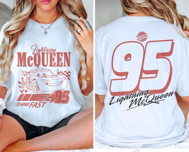 May include: White t-shirt featuring Lightning McQueen from the Cars movie. The front graphic includes the character's image, the number 95, and the text "Think Fast." The back displays a large number 95 and "Lightning McQueen."