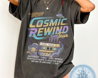 Maglietta del tour Cosmic Rewind dei Guardiani della Galassia, maglietta coordinata del viaggio Disney a Epcot, maglietta della scaletta di Cosmic Rewind