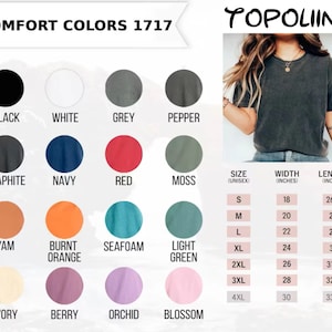 K&ouml;nnte beinhalten: Ein Comfort Colors 1717 T-Shirt in verschiedenen Farben, darunter Schwarz, Wei&szlig;, Grau und Rot. Das Bild zeigt auch eine Gr&ouml;&szlig;entabelle mit Ma&szlig;en in Zoll, von S bis 4XL. Der Markenname ist Topoliino.