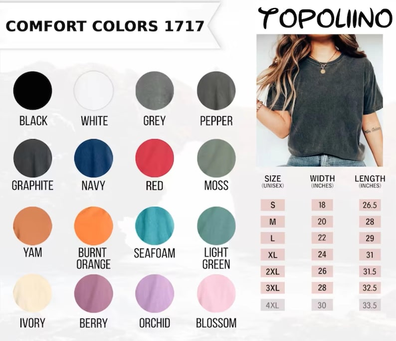 K&ouml;nnte beinhalten: Ein Comfort Colors 1717 T-Shirt in verschiedenen Farben, darunter Schwarz, Wei&szlig;, Grau und Rot. Das Bild zeigt auch eine Gr&ouml;&szlig;entabelle mit Ma&szlig;en in Zoll, von S bis 4XL. Der Markenname ist Topoliino.