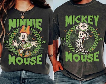 Maglietta di coppia Disney con Topolino e Minnie scheletri per Halloween, maglietta coordinata per la festa "Mickey's Not So Scary Party", ideale per una gita in famiglia a Disneyland per Halloween.