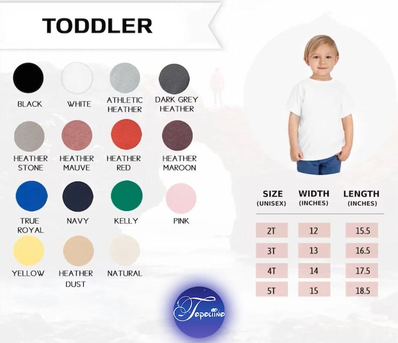 K&ouml;nnte beinhalten: Ein wei&szlig;es T-Shirt f&uuml;r Kleinkinder mit Gr&ouml;&szlig;en- und Farboptionen. Die Farboptionen umfassen Schwarz, Wei&szlig;, Athletic Heather, Dark Grey Heather, Heather Stone, Heather Mauve, Heather Red, Heather Maroon, True Royal, Navy, Kelly, Pink, Yellow, Heather Dust und Natural.