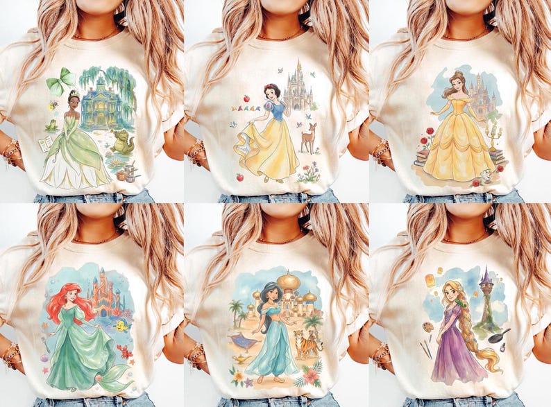 K&ouml;nnte beinhalten: Eine Sammlung von sechs cremefarbenen T-Shirts, jedes mit einer Aquarellillustration einer Prinzessin. Die Prinzessinnen sind in ihren ikonischen Kleidern mit dazugeh&ouml;riger Landschaft dargestellt. Die Shirts werden auf einer Person pr&auml;sentiert.