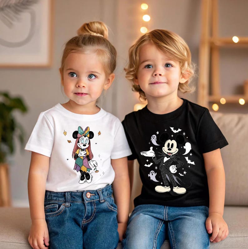 May include: Two young children wearing graphic t-shirts. One child wears a white tee with a Minnie Mouse design in fall colors. The other child wears a black tee with a Jack Skellington Mickey Mouse design, bats, and ghosts.