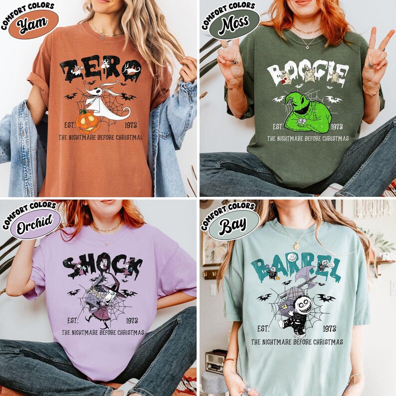 May include: Four t-shirts in various colors, each featuring a graphic from "The Nightmare Before Christmas." The shirts display "Zero," "Boogie," "Shock," and "Barrel" designs, with the text "EST. 1973" below each. The shirts are in the colors Yam, Moss, Orchid, and Bay.
