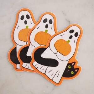 Sticker Ghost met pompoen met zwarte kat