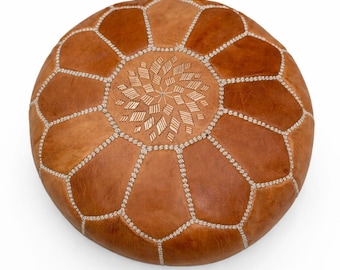 Okrągły skórzany puf ottoman – ręcznie robiony marokański puf – boho stołek do nowoczesnego salonu