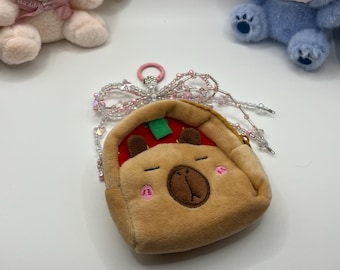 Strawberry capybara coin purse with handmade bow keychain | bag decor