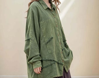 Artisan Ramie Cotton Shacket with Pockets, Raw Edge Button Down Shirt Jacket, Boho Lagenlook Clothing, Slouchy Layering Top, Vintage Outwear