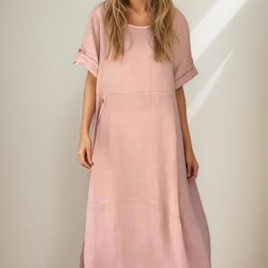 Cotton Linen Kaftan Dress Women – Loose Fit  Summer Maxi Dress, Minimalist Boho Cotton Robe, Natural Short Sleeve Oversize Dress, 5XL Dress