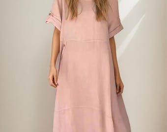 Cotton Linen Kaftan Dress Women – Loose Fit  Summer Maxi Dress, Minimalist Boho Cotton Robe, Natural Short Sleeve Oversize Dress, 5XL Dress