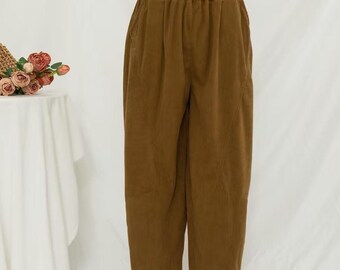 Autumn Loose Corduroy Harem Pants, Comfy Cotton Slacks, Women's Tapered Pants, Elastic Waist Corduroy Pants, Womens Oversized Trousers