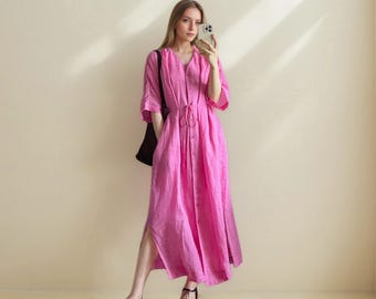 Linneklänning i midimodell – Elegant japanskinspirerad A-linjeklänning med knytband i ryggen – Mjuk, böljande klänning i naturligt tyg för kvinnor, Linneklänning för yrkesbruk