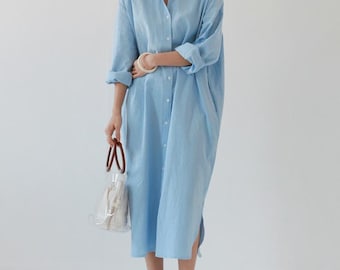 Linen Midi Shirt  Linen Shirt Dress Linen Shirt with pockets Summer Linen Oversized Tunic, Cotton Linen Shirt Dress Kaftan, Loose Dress