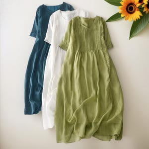 Abito midi in lino - Abito estivo ampio e plissettato da donna - Tunica di ispirazione giapponese - Abito in cotone retrò boho, vestibilità morbida e oversize