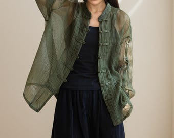 Women Tencel cotton and Linen Shirt/Lightweight Sun Cover-Up/Boho Elegant Button-Down Blouse/Unique Cultural Gift/Breathable Loose Fit Shirt