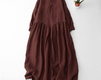 Cotton Linen Summer Fall Midi Dress – Inspired A-Line Dress with Button Elastic Waist – Soft Loose Extra Large Dress for Women - 4/5 sleeves