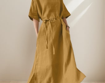 woman cotton linen dress/linen dress/Linen Cotton Dress/linen woman dress/loose-fitting dress/Boho Dresses/Summer Dress/Summer loose dress/