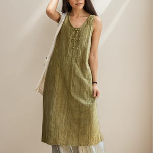 Handmade Dyed Linen Midi Dress/Women's Boho linen dress/Chic Tie-Dye Ramie Cotton dress/Unique Cultural Gift/Elegant Loose Fit Summer Dress