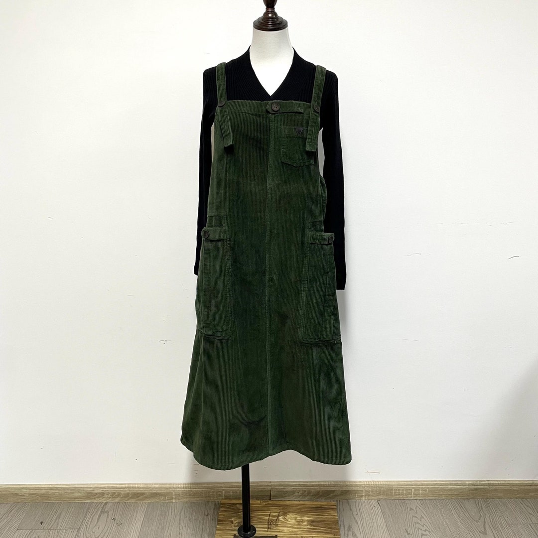 Green Long Sleeve Corduroy Utility Dress Green Corduroy Pinafore Dress, Corduroy  Overalls Dress, Swing Dress ...