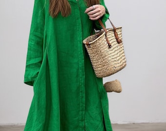 Breathable Linen Cotton Maxi Dress|Relaxed Fit Long Summer Dress|Wrinkle-Resistant&Eco-Friendly|Plus Size to 5XL|Flowy Boho DresswithPockets