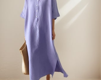 Linen Kaftan Dress Women – Loose Fit V-Neck Summer Maxi Dress with Pockets,Minimalist Boho Cotton Robe,Natural Short Sleeve Tunic,LinenDress