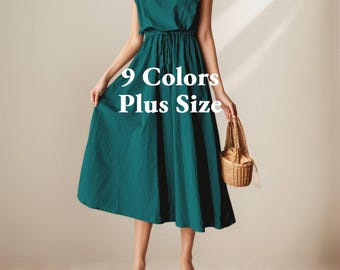 Plus Size Flax Dress, Linen Style Midi Dress, Loose Pleated Summer Dress Women, Cotton Look Dress Soft Flowy Oversized Fit, Linen Tunic