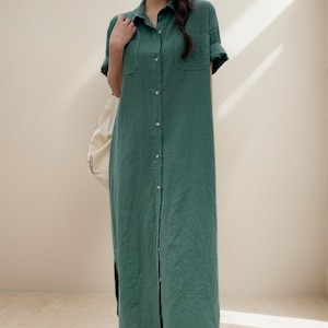 Shirt Linen Dress/ Short Sleeve Linen Shirt Dress - Buttons  Linen Shirt dress/ Loose Fit Summer Maxi Dress with Pockets/ Minimalist Robe