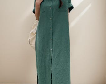 Shirt Linen Dress/ Short Sleeve Linen Shirt Dress - Buttons  Linen Shirt dress/ Loose Fit Summer Maxi Dress with Pockets/ Minimalist Robe