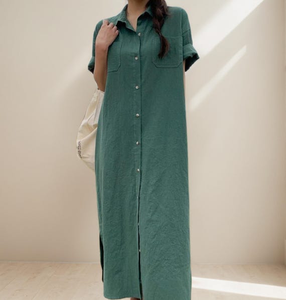 knee length dresses for ladies Eilis Short Sleeve Button Down Maxi Dress - Brown Stripe