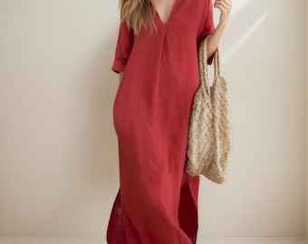 Linen Cotton Dress/Kaftan For Women, Plus Size Caftan Dress, Spring Dressing Gown For Bali Holiday, Summer Women's V-Neck Linen Maxi Dresses