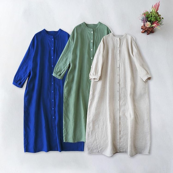 Women Dresses for Fall Cotton Linen Dress Long Sleeves Dress Plus Size  Clothing Maxi Round Neck Dress Casual Loose Custom Dress Midi Dress - Etsy  Ireland