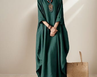 Women's linen cotton dress long sleeves dress linen loose dress linen maxi dress oversized clothing plus size dress spring dress, Boho Dress