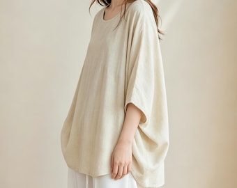 Oversized Linen Cotton Top, Slouchy Minimalist T-shirt, Short Dolman Sleeve Blouse, Casual Loose Fit Tunic, Everyday Natural Shirt