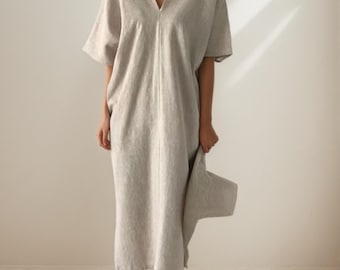 Women's linen cotton dress short sleeves dress linen loose dress linen maxi dress oversized clothing plus size dress summer dressLinenKaftan